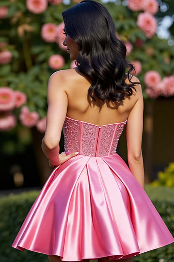 Beaded Strapless A Line Satin Pink Homecoming Dress